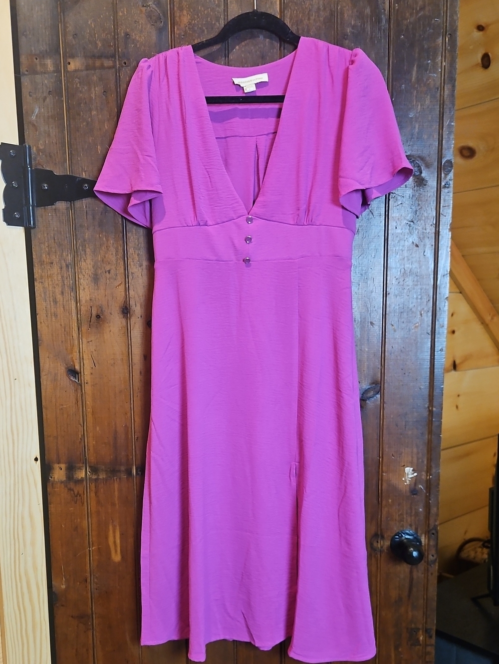 Monteau Magenta V-Neck Midi Dress with Flutter Sleeves